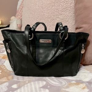 Coach black leather satchel handbag with sliver accents medium size